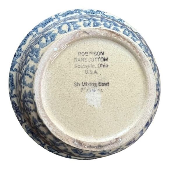 ROBINSON RANSBOTTOM pottery BLUE SPONGEWARE MIXING BOWL W/ SUNSET RIM PATTERN - Picture 4 of 5
